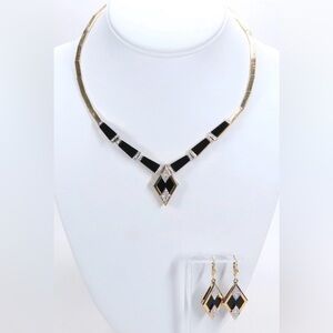 Vintage 1970s 14K Yellow Gold Diamond & Onyx Geometric Necklace & Earrings